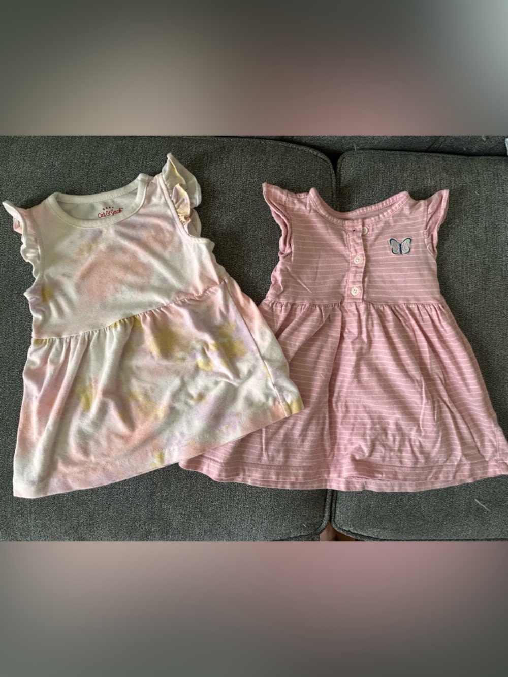 Cat & Jack Pastel Tie-Dye and Carter’s Pink Stripe Butterfly Baby Dress Pair 12m